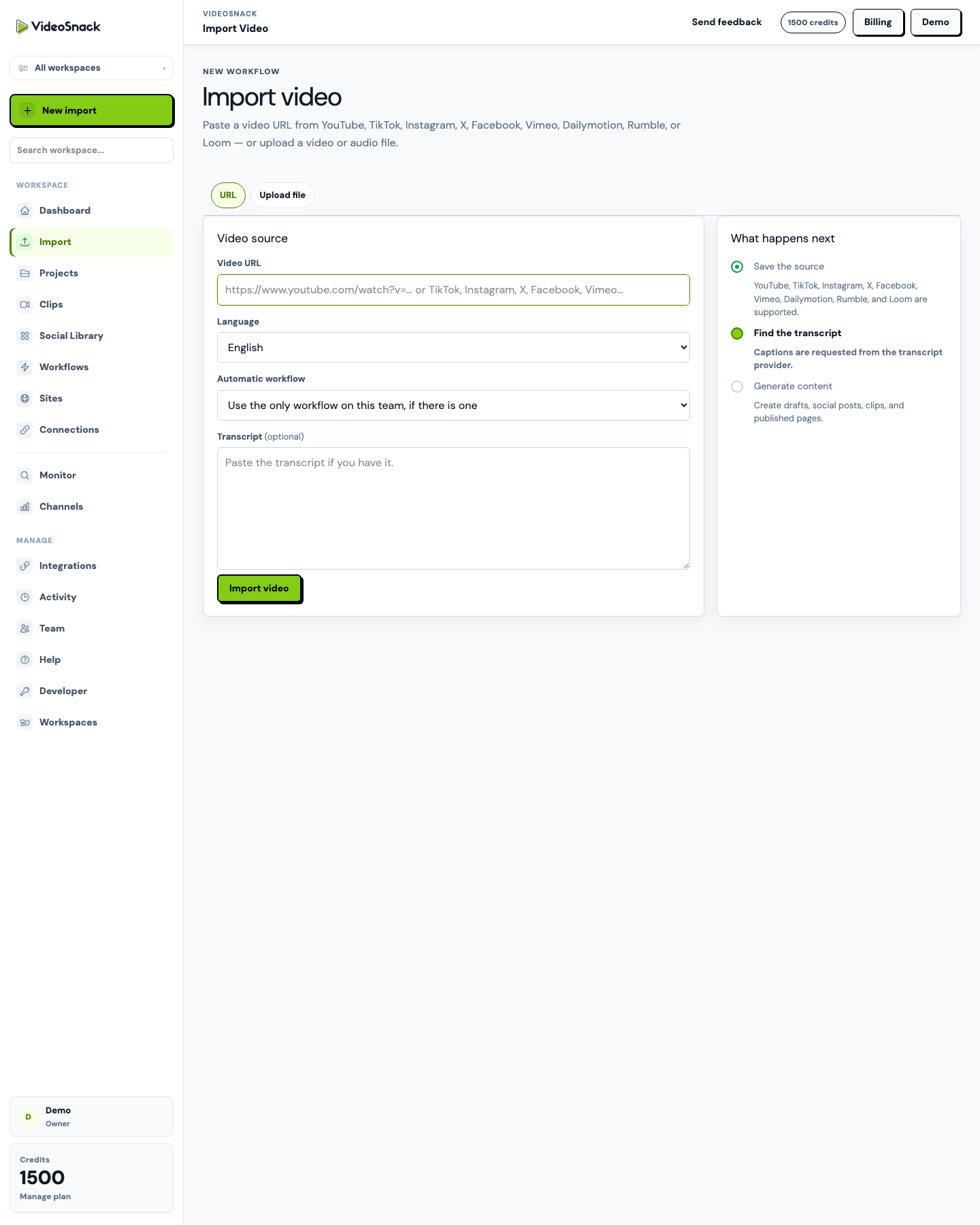 VideoSnack import screen with upload, URL, language, workflow, and transcript options.