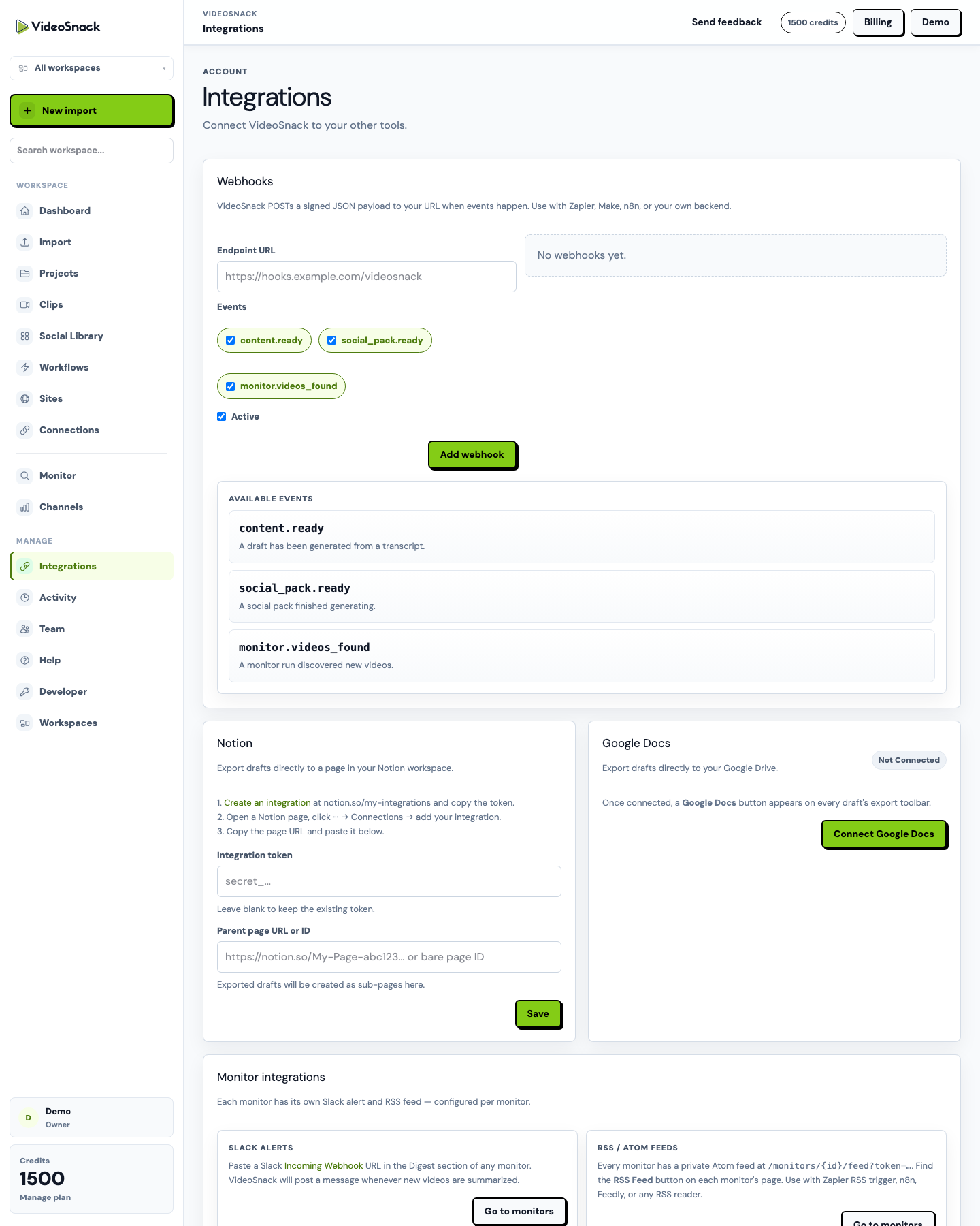 VideoSnack integrations screen for connected tools and automation endpoints.