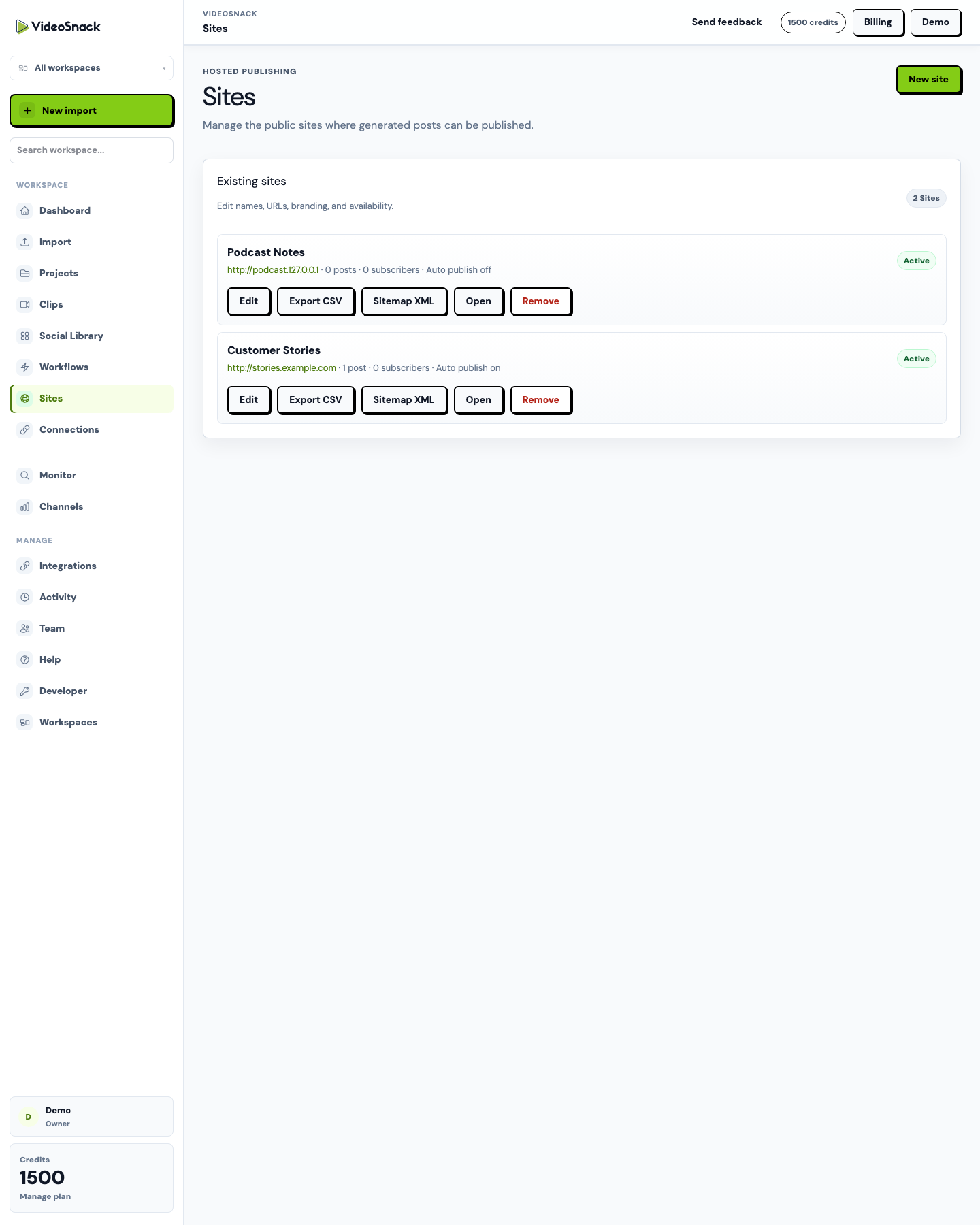 VideoSnack hosted Sites screen with branded publications and publishing settings.