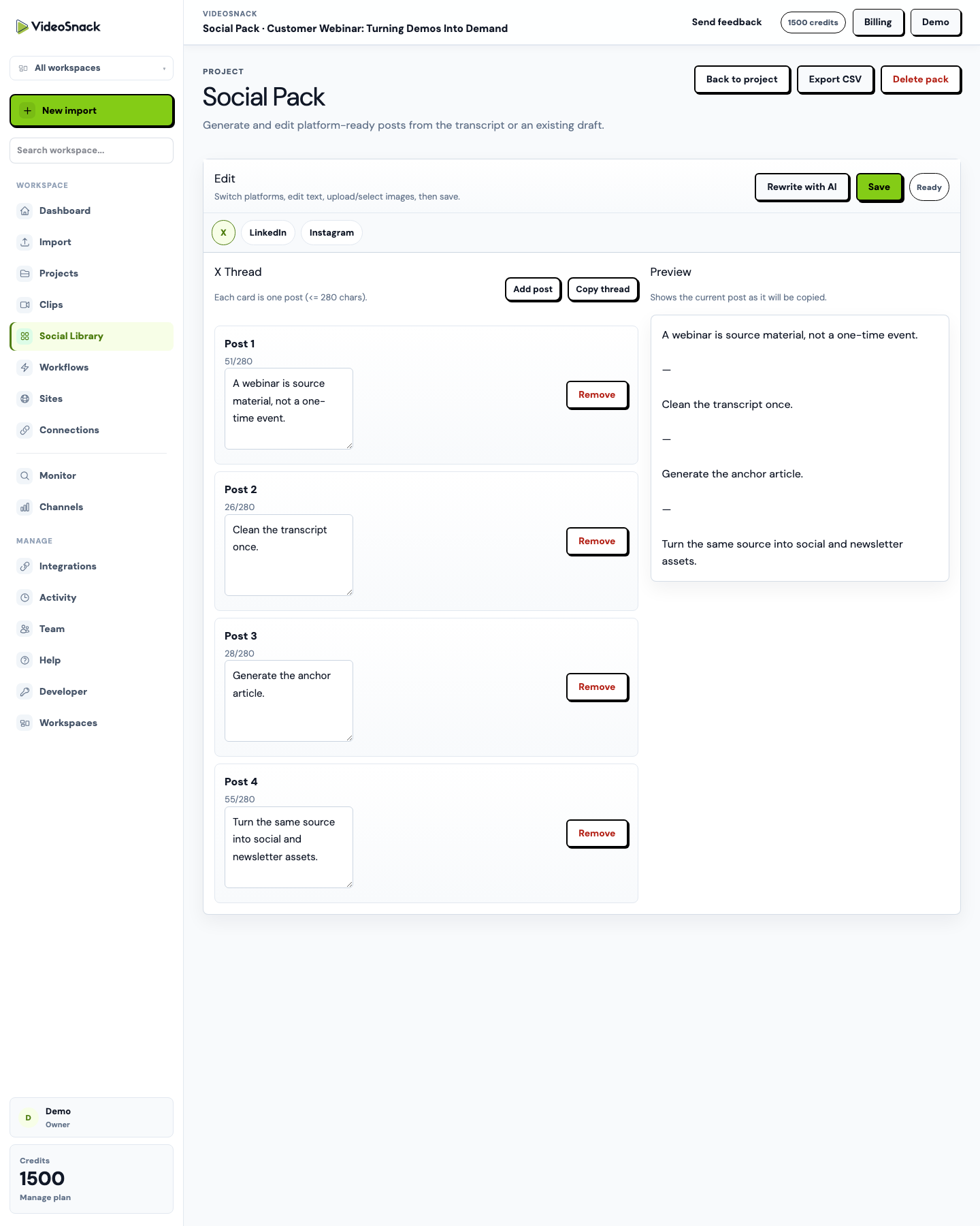 VideoSnack social pack screen for platform-specific posts and reusable social assets.