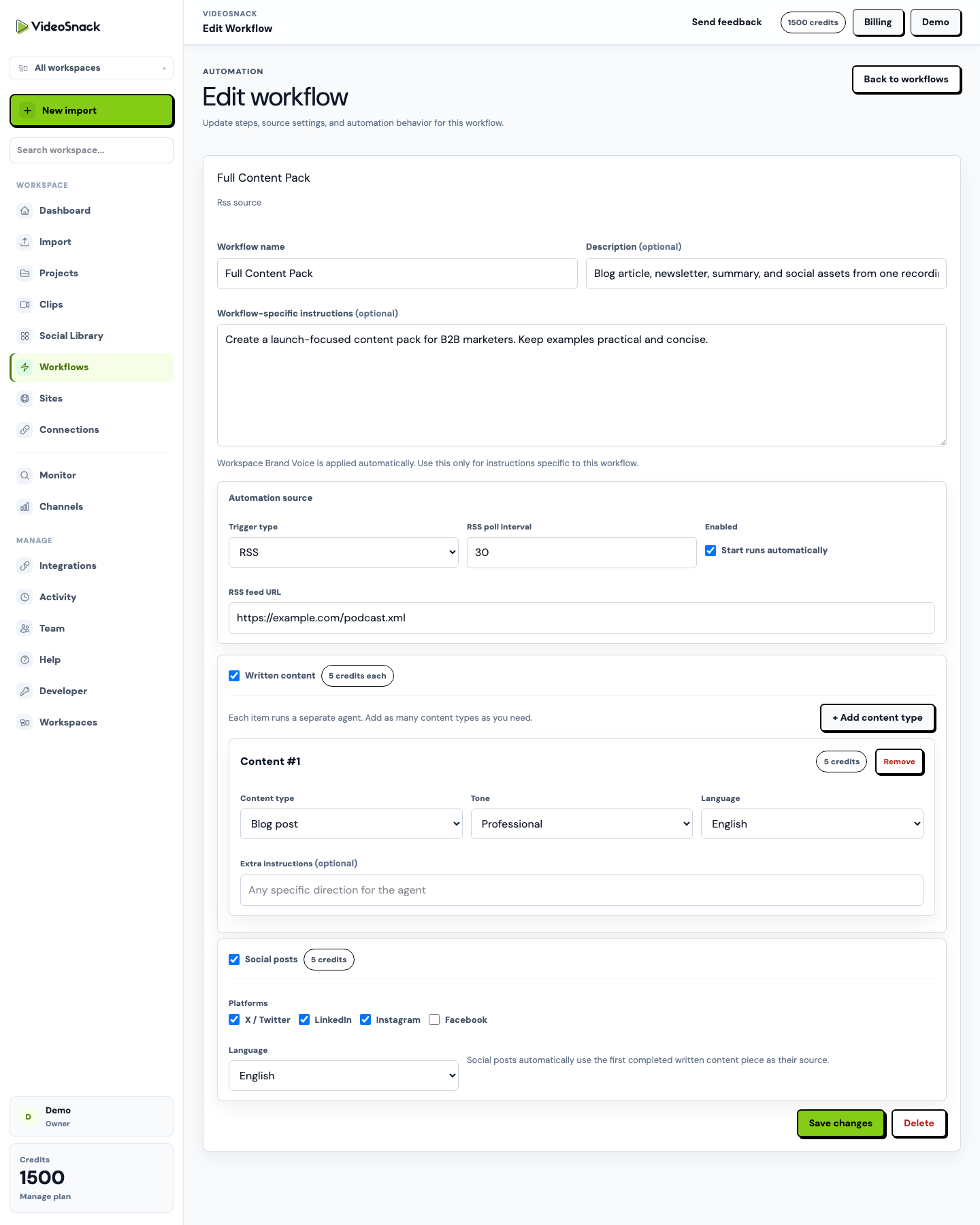 VideoSnack workflow editor showing content agent steps, RSS trigger, and social output settings.